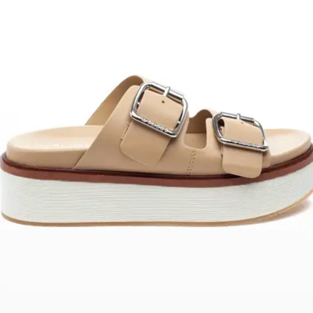 Jslides NYC Bowie Leather Platform Sandal, Dual Buckle, Sand Color, Size 6